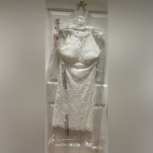 NWT David’s Bridal Short Halter Style Lace Dress with scalloped keyhole in Ivory